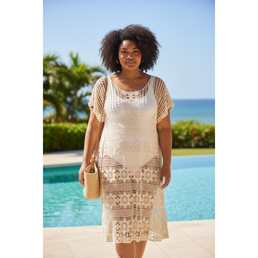K.Jordan Cream Crochet Lace Maxi Dress 2X Boho Floral Open Knit Coverup